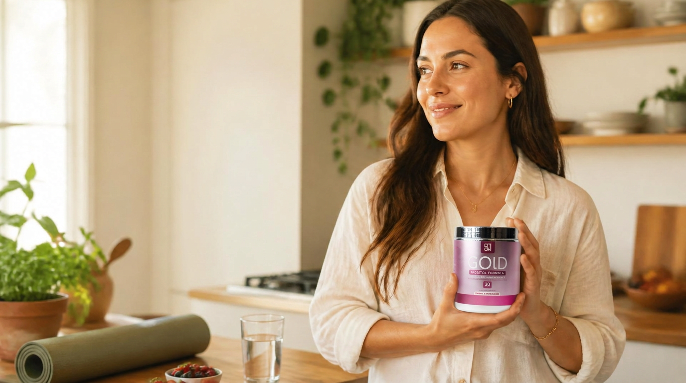Mujer usando GOLD Inositol de FitOn como parte de su rutina matinal para equilibrio hormonal, SOP y fertilidad